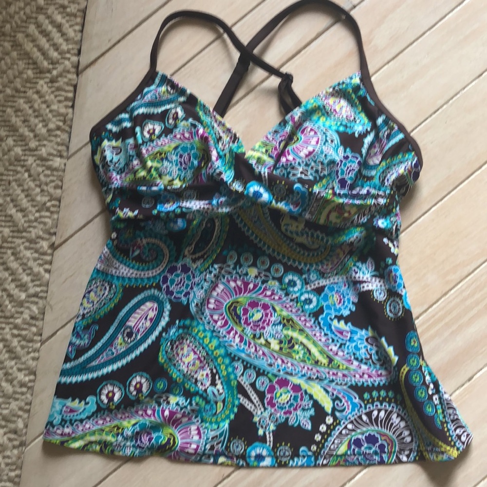 Athleta Paisley Tankini Swim Top Black Aqua Yellow Purple Sz 34D /32DD